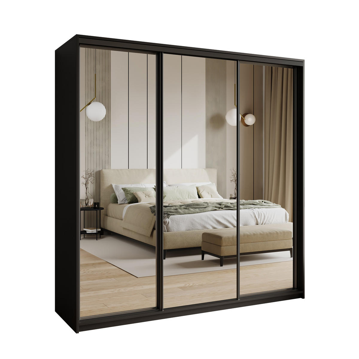 SCHWEBETÜRENSCHRANK RIEN 180/205/60 cm 3-türig mit Spiegel und Schubladen Schwarz - Schwarz, Holzwerkstoff (180/205/60cm) - MASSENO