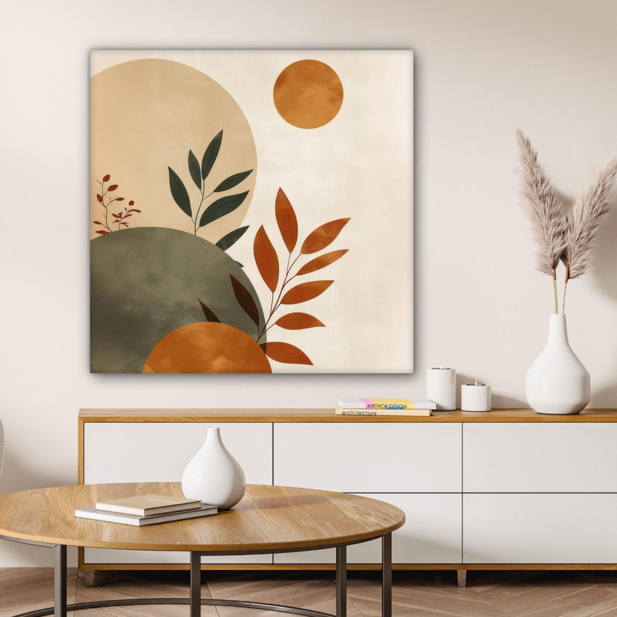 LEINWANDBILD Formen - Rund - Blätter - Beige 90x90 cm - Rostfarben, Textil (90/90cm) - MuchoWow