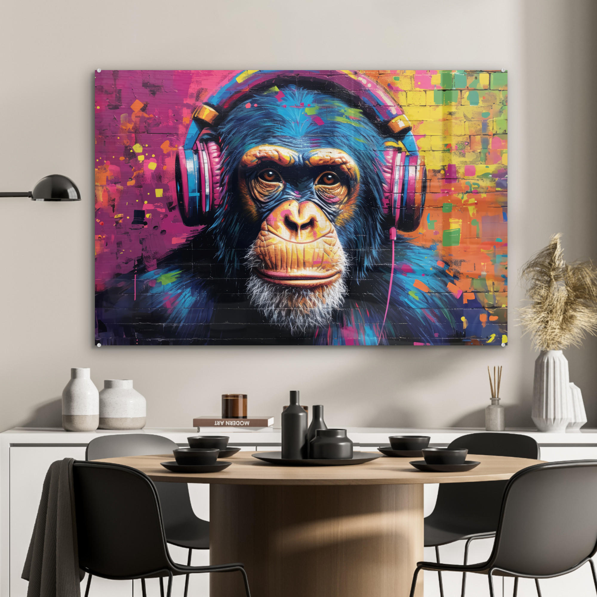 ACRYLGLASBILD Graffiti - Schimpanse - Straßenkunst - Kopfhörer - Affe 90x60 cm - Blau, Glas (90/60cm) - MuchoWow