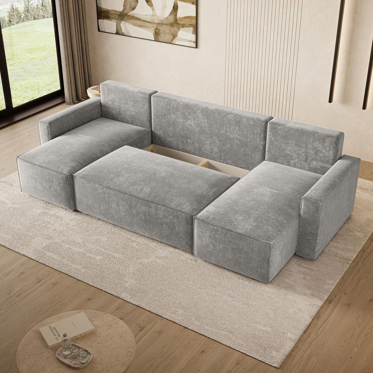 WOHNLANDSCHAFT ASPRA LM Grau Chenille mit Schlaffunktion - Grau, Holz (295/85/140cm) - MASSENO