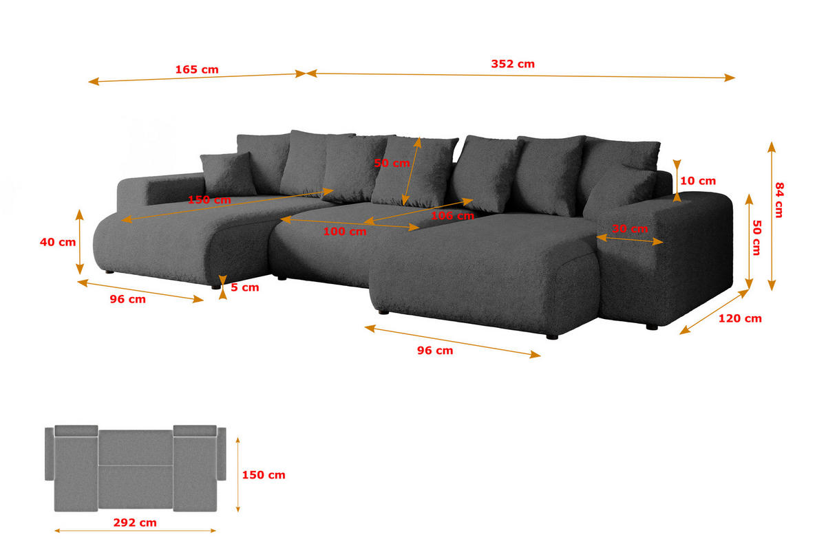 WOHNLANDSCHAFT mit Schlaffunktion und Bettkasten ESKAR-U -352x165x84cm Grau Bouclé - Schwarz/Grau, Holzwerkstoff/Kunststoff (352/84/165cm) - ALTDECOR