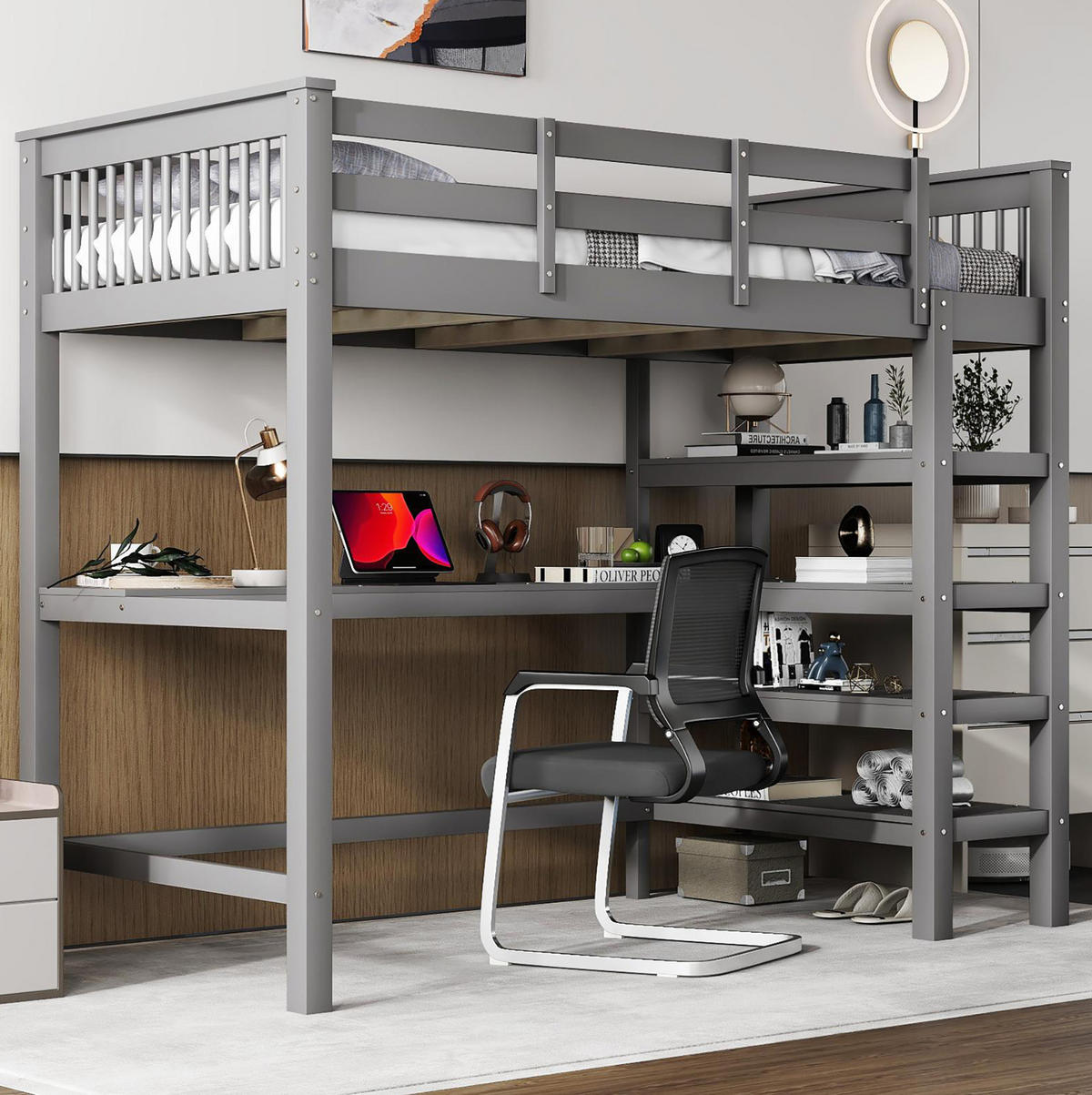 HOCHBETT aus Kiefernholz und MDF 90x200 cm Grau mit Schreibtisch und Ablagefächern - Grau, Holzwerkstoff (90/200cm) - IVMEU