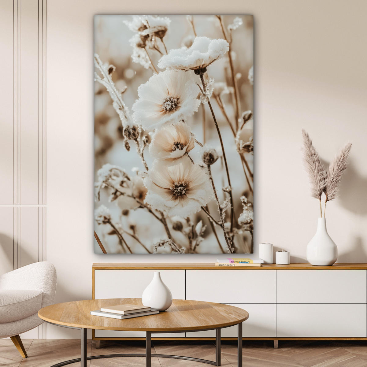 LEINWANDBILD Blumen - Winter - Weiß - Schnee - Beige 80x120 cm - Creme, Textil (80/120cm) - MuchoWow