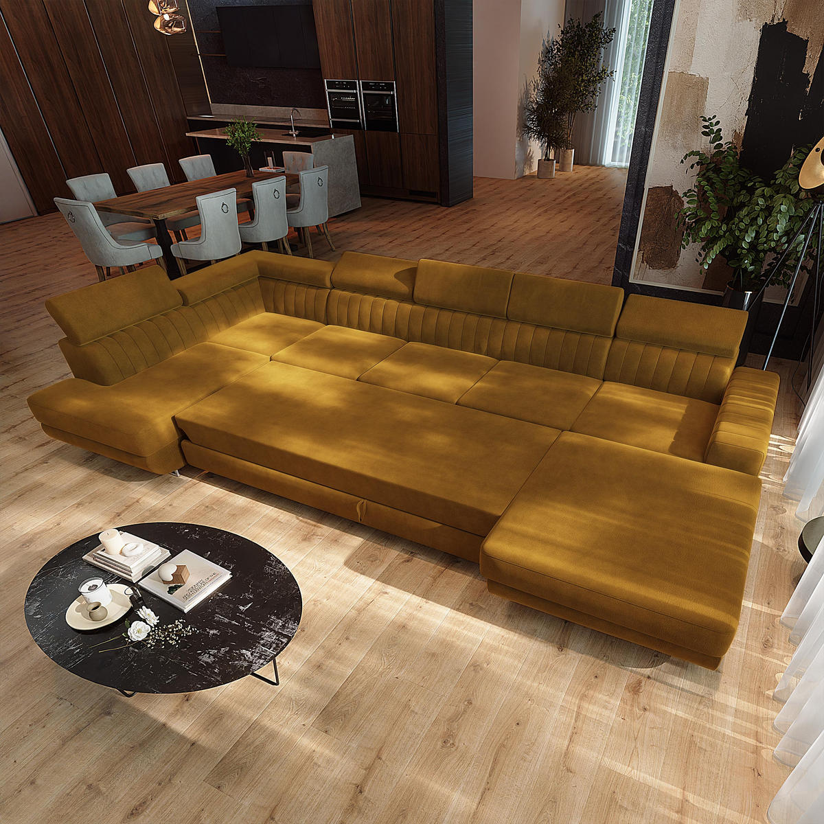WOHNLANDSCHAFT GAIAN Gelb Velours-Stoff mit Schlaffunktion - Gelb, Holz (412/88/190cm) - MASSENO