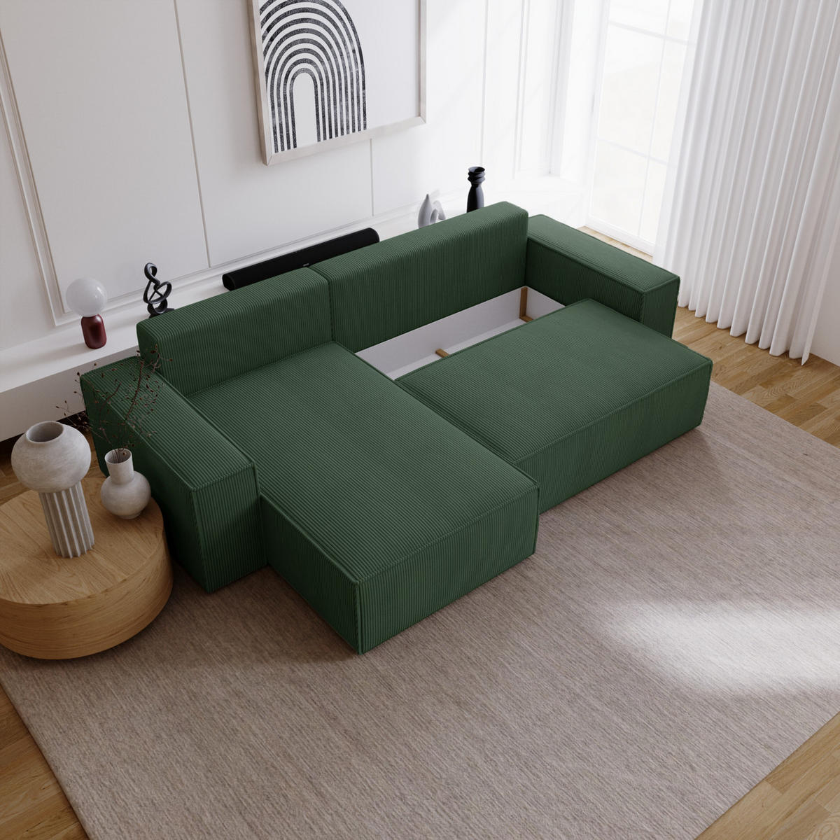 ECKSOFA Bergamo L mit Cordstoff, 280 cm, Schlaffunktion, Links - Grün - Grün, Holz (277/189cm) - Emporius
