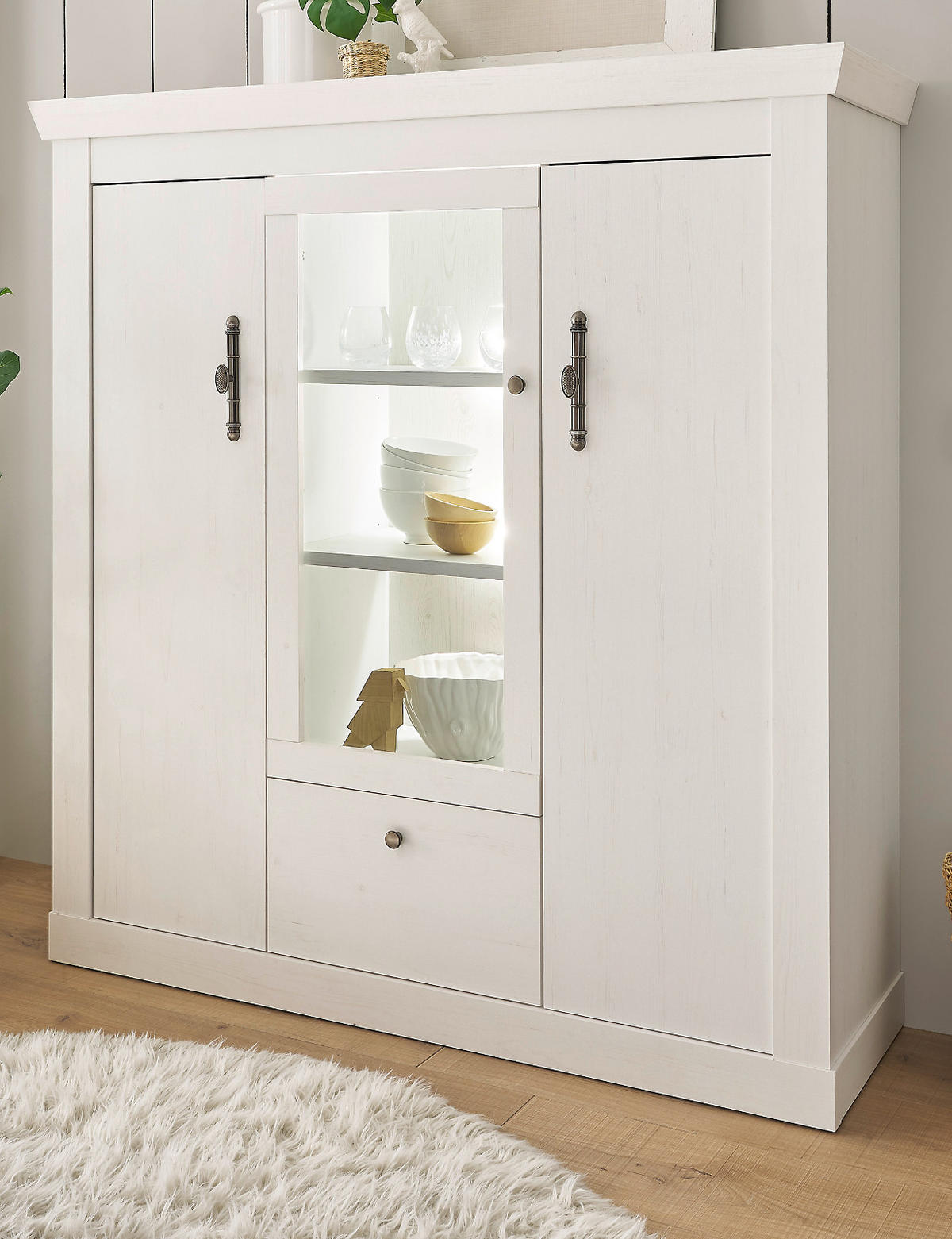 HIGHBOARD weiß Pinie Landhaus, Anrichte mit Soft-Close und Beleuchtung - Weiß, Holzwerkstoff/Kunststoff (141/146/45cm) - Furn.Design