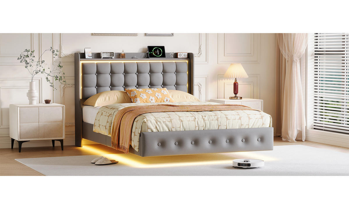 POLSTERBETT 160x200 cm mit LED und USB, Doppelbett mit Lattenrost und Kopfteil, Samtbezug, Grau - Grau, Holzwerkstoff/Textil (160/200cm) - GENKI LIVING