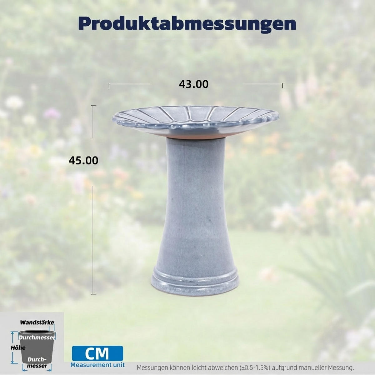 VOGELBAD mit Standfuß, Keramik Ø43/45H cm, Wetterfest, Blau-Grau - Blaugrau, Keramik (43/45/43cm) - LVHOM
