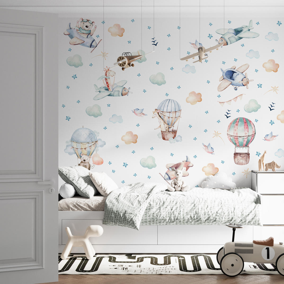 WANDAUFKLEBER SET Wilde Tiere Wolken Flugzeuge Luftballons 60x30 - Beige/Rosa, Papier (60/30/1cm) - Muralo