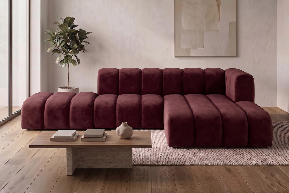 ECKSOFA Modulares In L-Form Mit Hocker, Velvet-Stoff Riviera, Rotwein, Rechts, GRAND Mini - Dunkelrot, Holz (295/179cm) - Kaiser Möbel