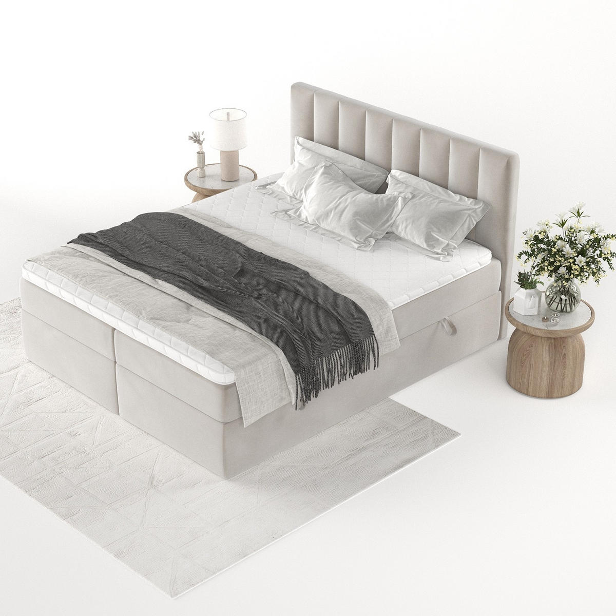 BOXBETT Bari 200/200 cm Hellbeige im Paros Stoff - Beige, Holz/Holzwerkstoff (200/200cm) - AltaBeds