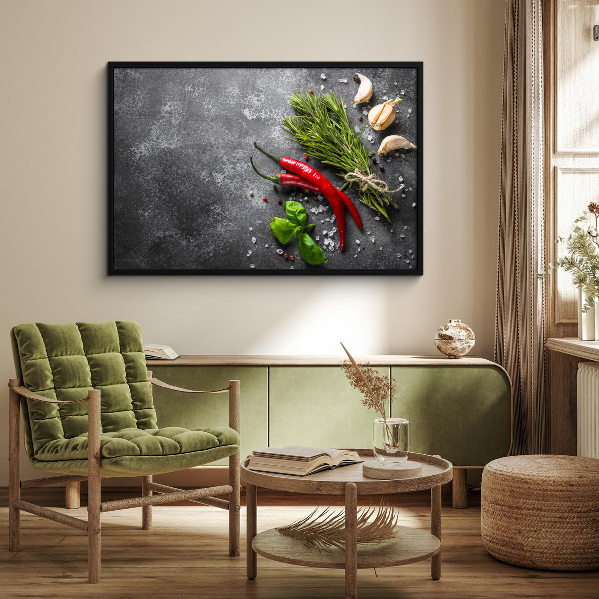 ZARÁMOVANÝ PLAGÁT Korenie - bylinky - korenie - betón 120x80 cm - tmavosivá, papier (120/80cm) - MuchoWow
