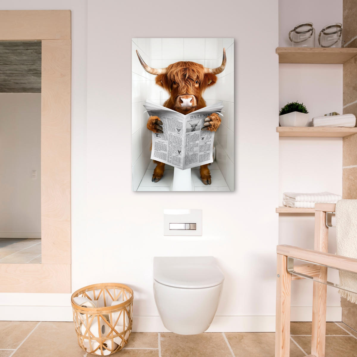 LEINWANDBILD Schottischer Highlander - Tier - Zeitung - Toilette 60x90 cm - Kastanienfarben, Textil (60/90cm) - MuchoWow