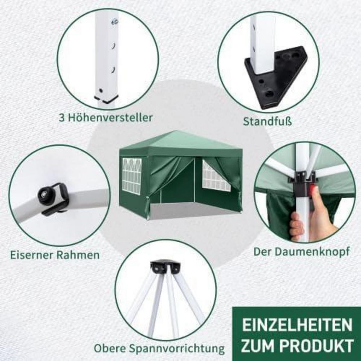 PAVILLON 3 x 3 m wasserdicht UV Schutz 50+ mit 4 Seitenteilen Grün - Grün, Textil (255/300/300cm)