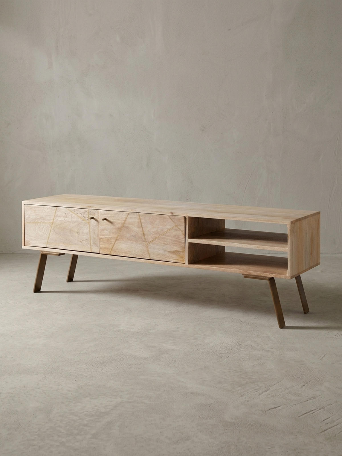 LOWBOARD Mango Massivholz Metall Landhausstil Modell Garda für Fernseher bis 55 Zoll - Goldfarben/Braun, Holz/Metall (145/47/35cm) - KADIMA DESIGN