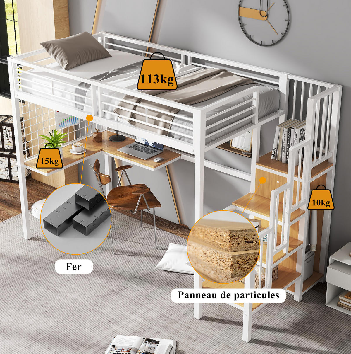 VYSOKÁ posteľ 90/200 cm biela/prírodná s písacím stolom a šatníkom z kovu a MDF - biela, kompozitné drevo (90/200cm) - OKWISH