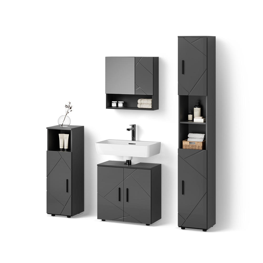 BADMÖBEL-SET Ronco Anthrazit Hochglanz 4 Teile, mit Hochschrank - Schwarz Hochglanz/Anthrazit, Holzwerkstoff (60/192/30cm) - Livinity®