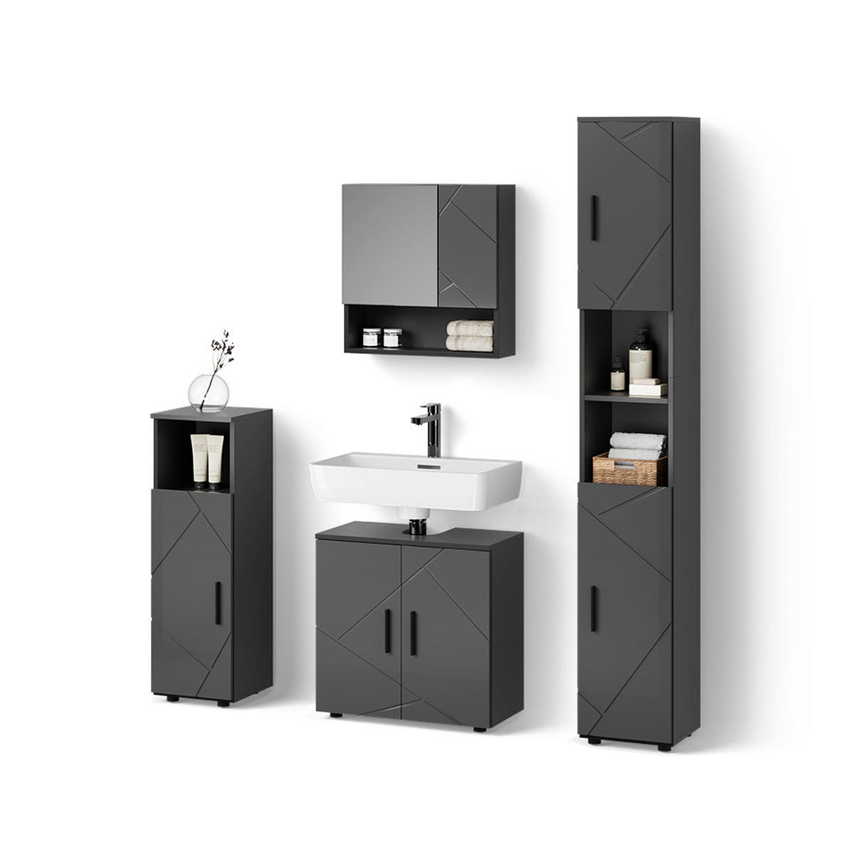 BADMÖBEL-SET Ronco Anthrazit Hochglanz 4 Teile, mit Hochschrank - Anthrazit, Holzwerkstoff (60/192/30cm) - Livinity®