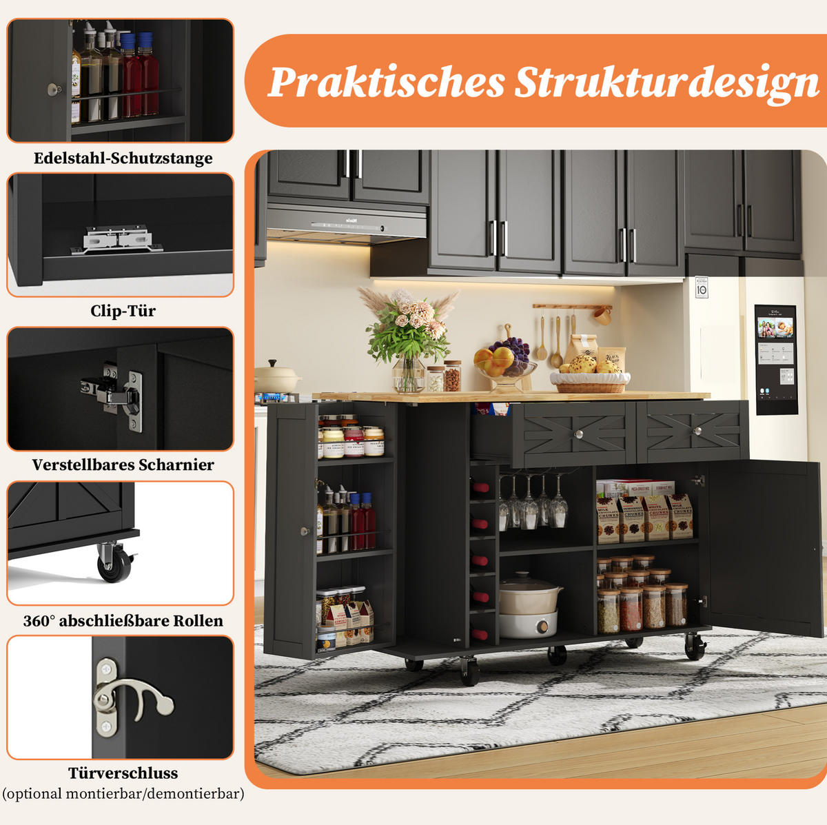 KÜCHENINSEL 120/45(70)/89 cm schwarz mit Klappplatte & Schubladen - Schwarz, Holzwerkstoff (120/89/70cm) - OKWISH