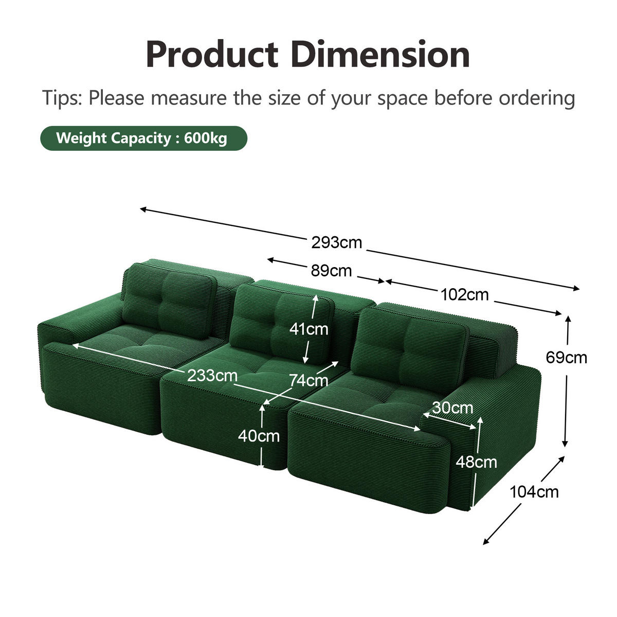 SOFA modular mit Tiefsitz 74 cm Cord Grün - Grün, Textil (293/69/104cm) - IVMEU