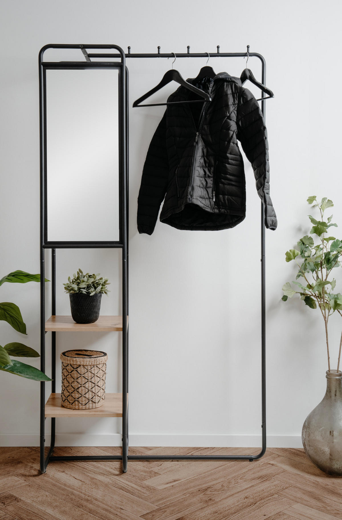 KOMPAKTGARDEROBE schwarz Metall 100 cm, Garderobe mit Spiegel - Schwarz, Holzwerkstoff/Metall (100/185/37cm) - Furn.Design