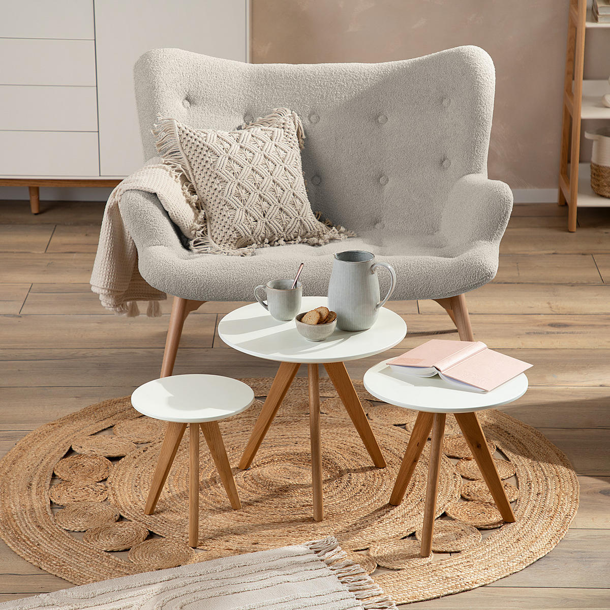 BEISTELLTISCH - 3-teilig - Eiche teilmassiv - Weiß / Eiche - Braun/Weiß, Holz/Holzwerkstoff (48/48/45cm) - home24