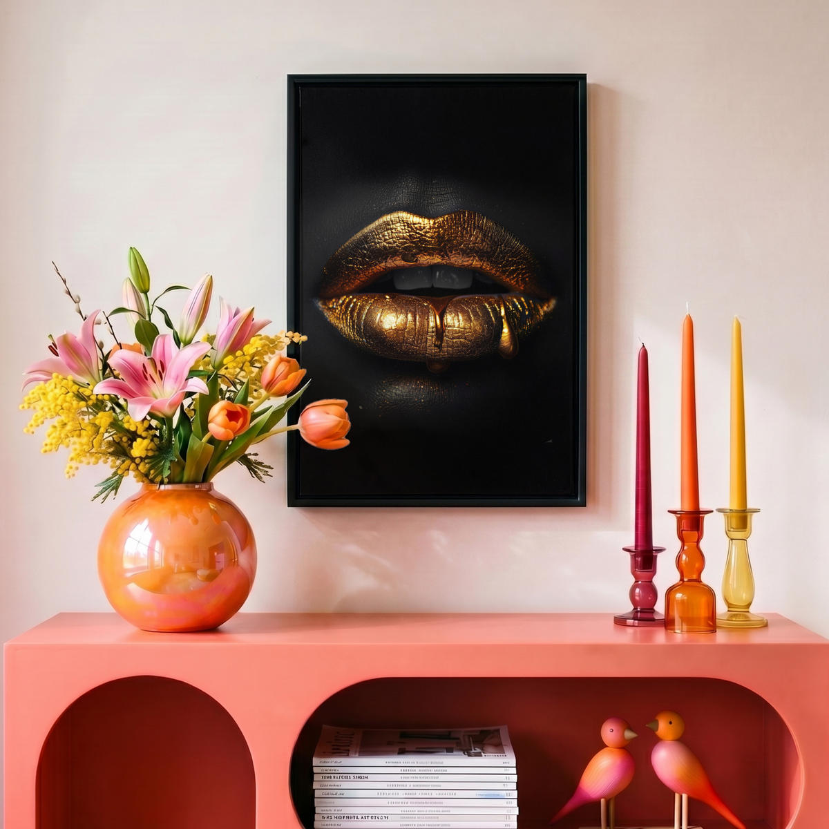 LEINWAND Bilder mit Rahmen - Frau - Porträt - Lippen - Gold - Schwarz - 20x30 - Schwarz, Textil (20/30cm) - MuchoWow