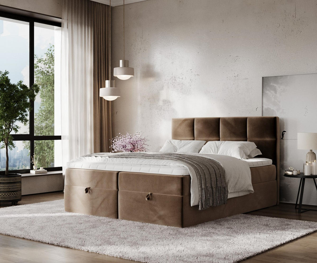 BOXBETT Velto 200/200 cm Braun im Paros Stoff - Schwarz/Braun, Holz/Holzwerkstoff (200/200cm) - AltaBeds