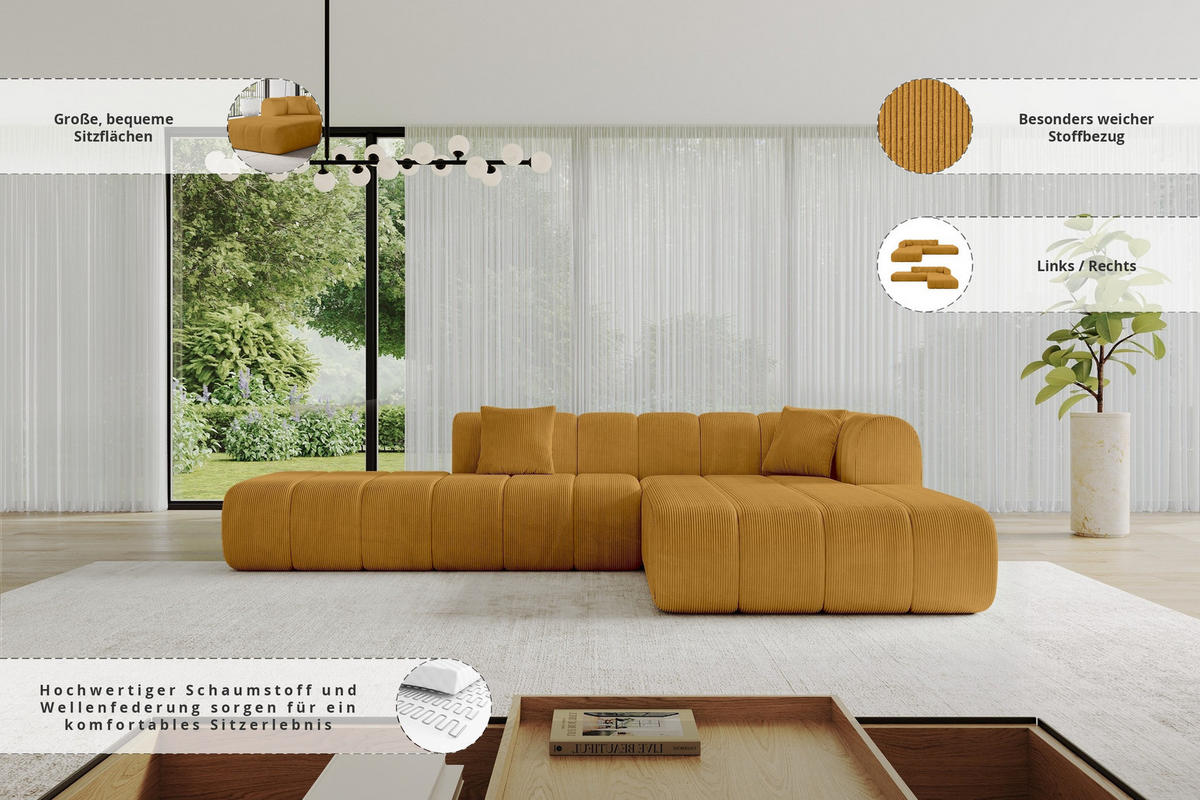 ROHOVÁ SEDAČKA s otomanem, pravá BILA-L 289x176x71 Hořčicová Manšestr - černá/tmavě žlutá, kompozitní dřevo/textil (289/176cm) - ALTDECOR