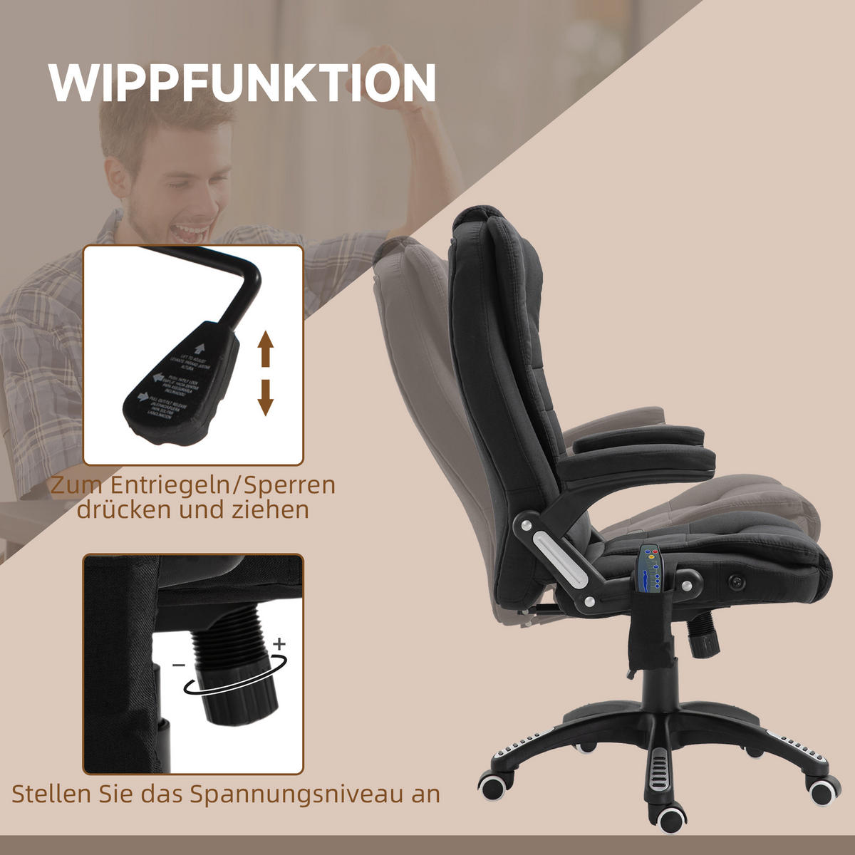 MASSAGESESSEL Chefsessel Gamingstuhl Drehstuhl Massagebürostuhl Schwarz - Schwarz, Kunststoff/Textil (74/116/67cm) - Vinsetto