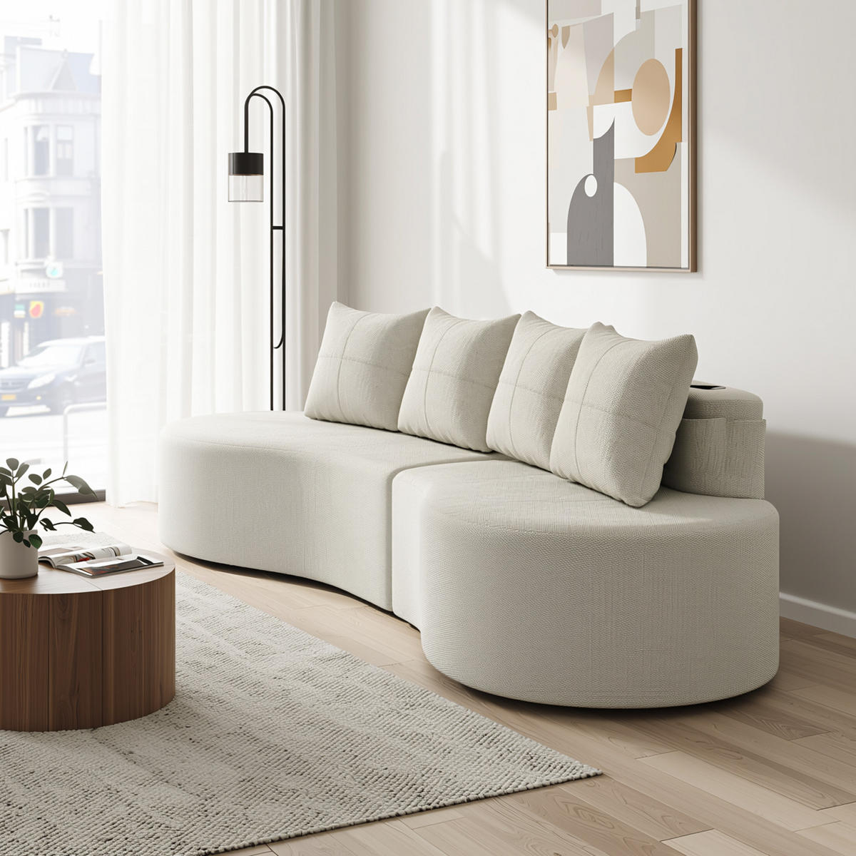 3-SITZER SOFA leinenstoff farbwahl mit getränkehalter & seitentaschen - Beige, Textil (240/63/109cm) - Urban Meuble