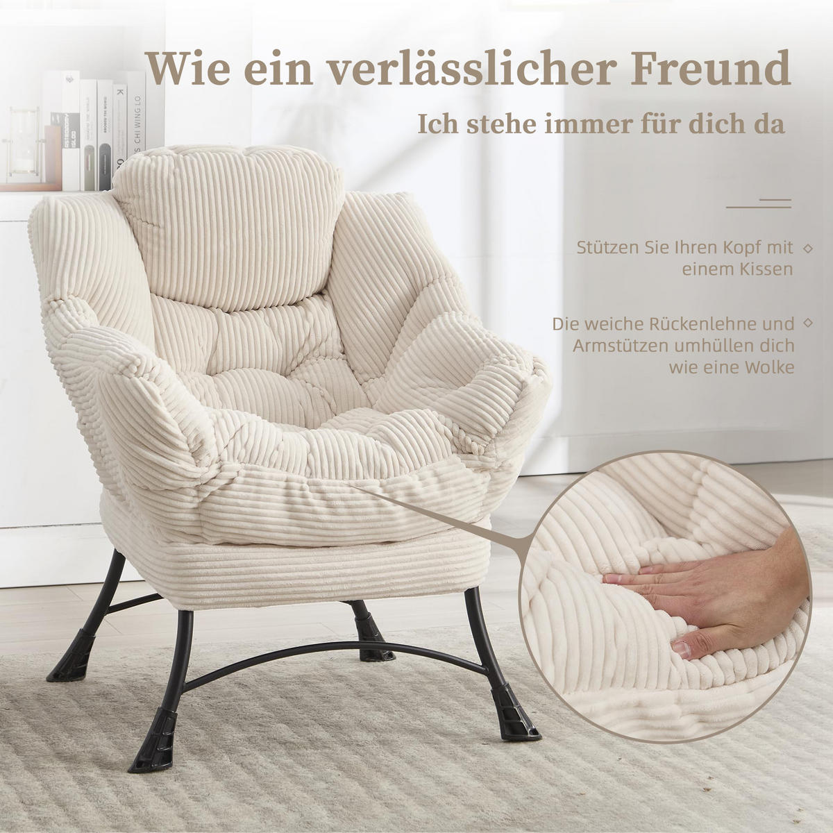 LOUNGESESSEL Relaxsessel mit Hocker,dicke Polsterung,Weiß - Weiß, Metall (70/95/64cm) - LVHOM