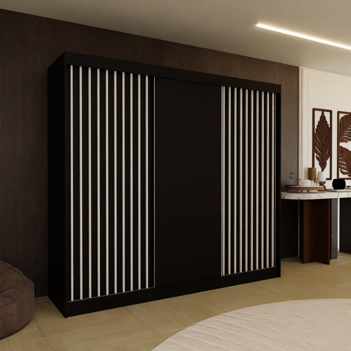 SCHWEBETÜRENSCHRANK LAMELLO 240/216/61 cm 3-türig Schwarz - Schwarz, Holzwerkstoff (240/216/61cm) - MASSENO