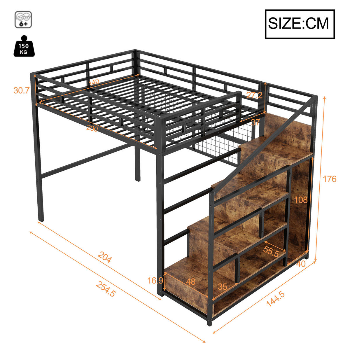 HOCHBETT 140x200cm Schwarz Metall Kleiderschrank LED-Licht - Schwarz, Metall (140/200cm) - FLIEKS