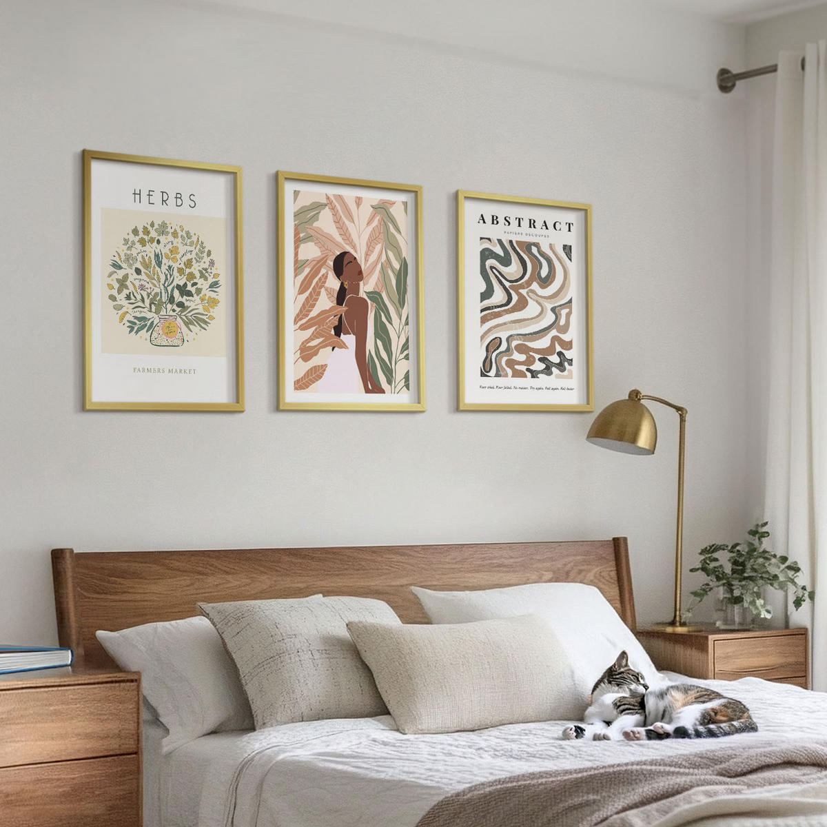 BILDER SET 3er Set - 40x60 cm Goldrahmen - Boho-Pastell-Minimalisten-Poster - Goldfarben, Kunststoff (40/60cm) - TULUP