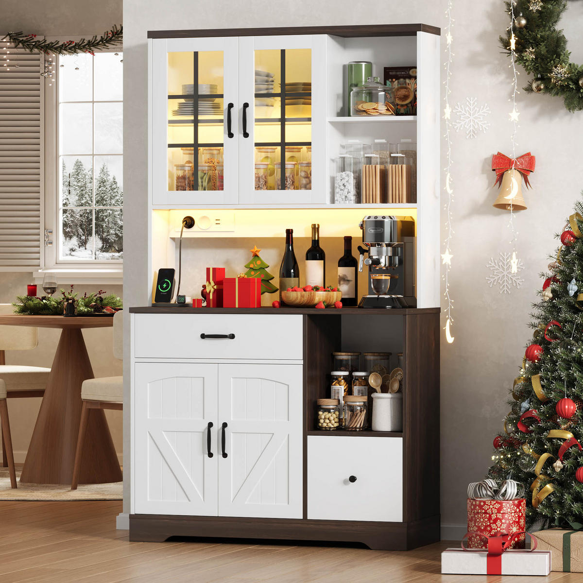 BUFFETSCHRANK aus MDF 105x40x185 cm Natur/Weiß mit LED-Beleuchtung, Steckdosenmodul und verstellbaren Einlegeböden - Naturfarben, Holzwerkstoff (105/185/40cm) - Modfu