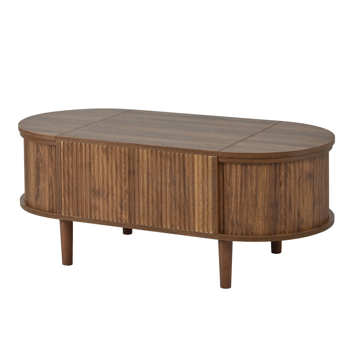 COUCHTISCH mit Hubfunktion in Nussbaum aus MDF – ovales Design mit Stauraum und Massivholzbeinen - Walnussfarben, Holzwerkstoff/Metall (48/100/53.5cm) - CHICFURN