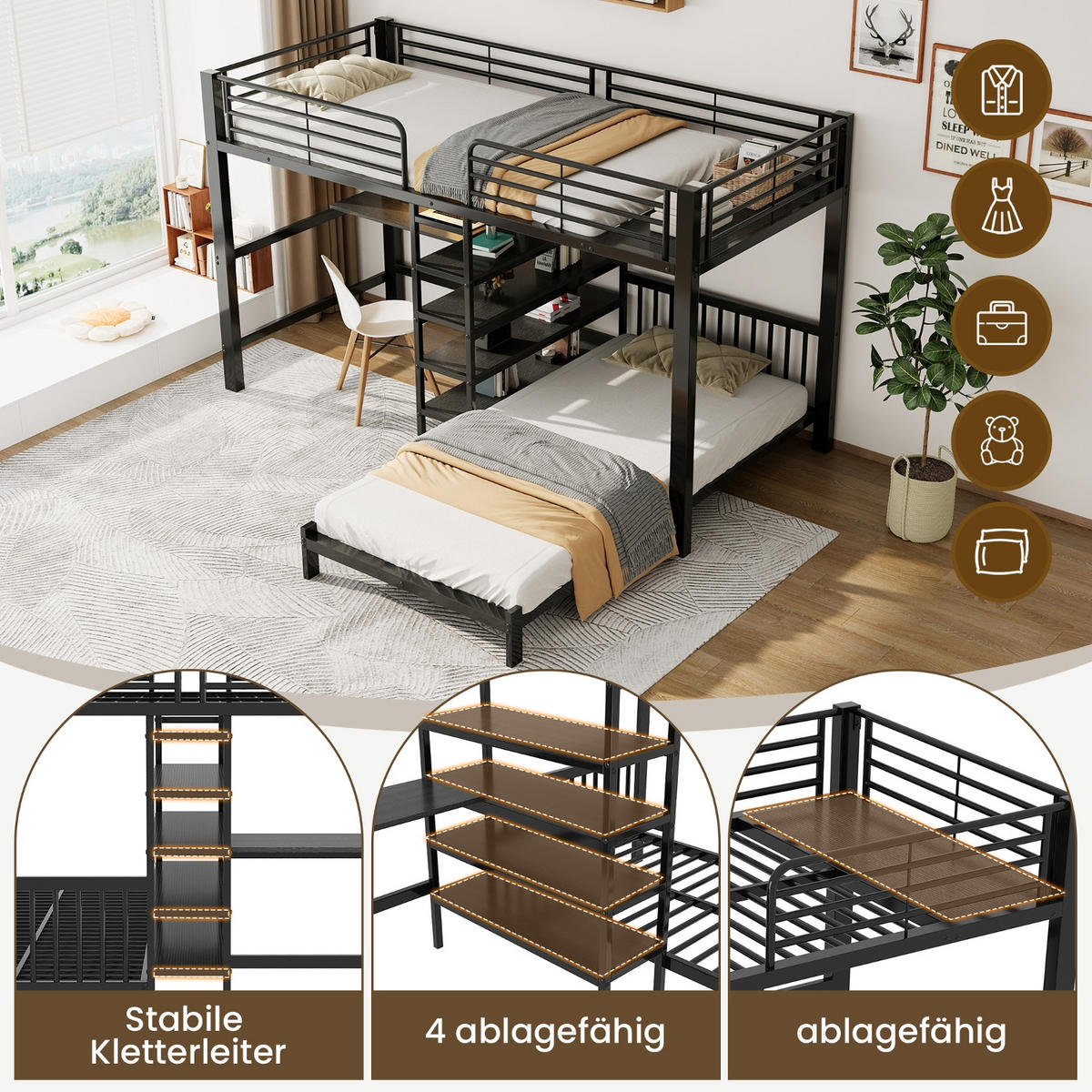 ETAGENBETT 90/200 cm Schwarz mit Schreibtisch, Kleideraufbewahrung, USB- und Type-C-Schnittstelle - Schwarz, Metall (90/200cm) - Oxeza