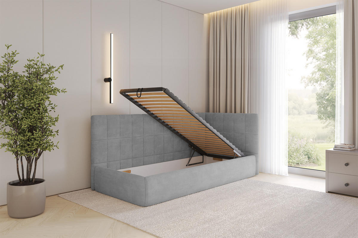 EINZELLBETT Jugendbett mit Bettkasten, Links - TULY 90x200 Grau - Hellgrau, Holzwerkstoff/Textil (90/200cm) - ALTDECOR