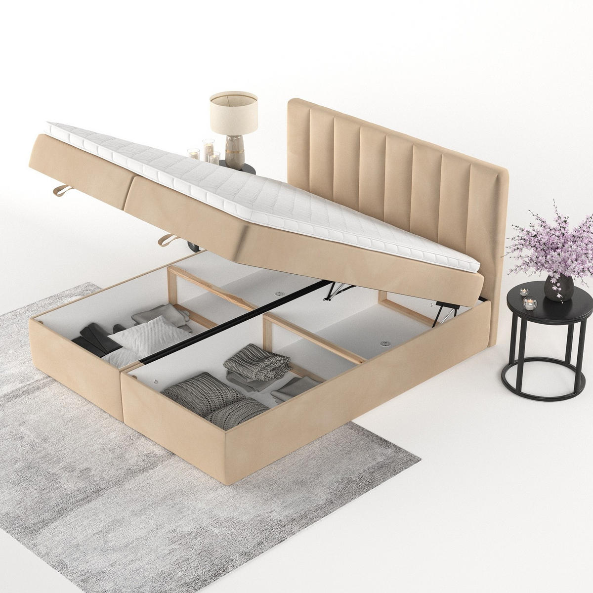 BOXBETT Lusso 160/200 cm Beige im Kronos Stoff - Beige/Schwarz, Holz/Holzwerkstoff (160/200cm) - AltaBeds