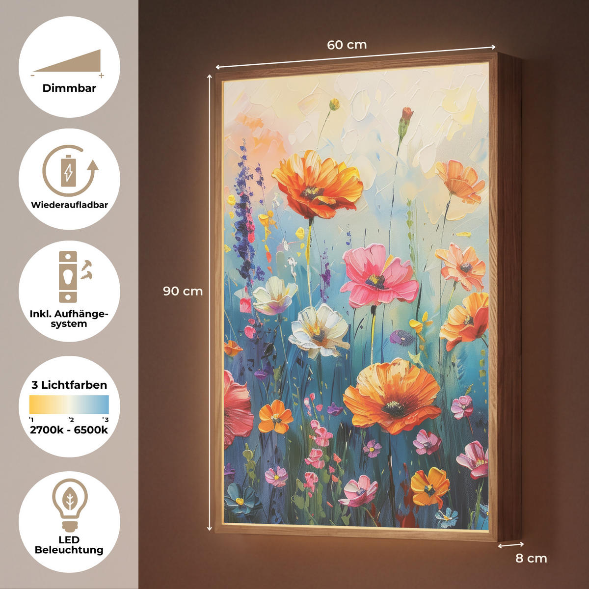 NÁSTĚNNÁ LAMPA S AKUMULÁTOREM Květiny - Příroda - Akvarel - Umění 60x90 cm - různobarevná, kompozitní dřevo (60/90/8cm) - OnlyWow