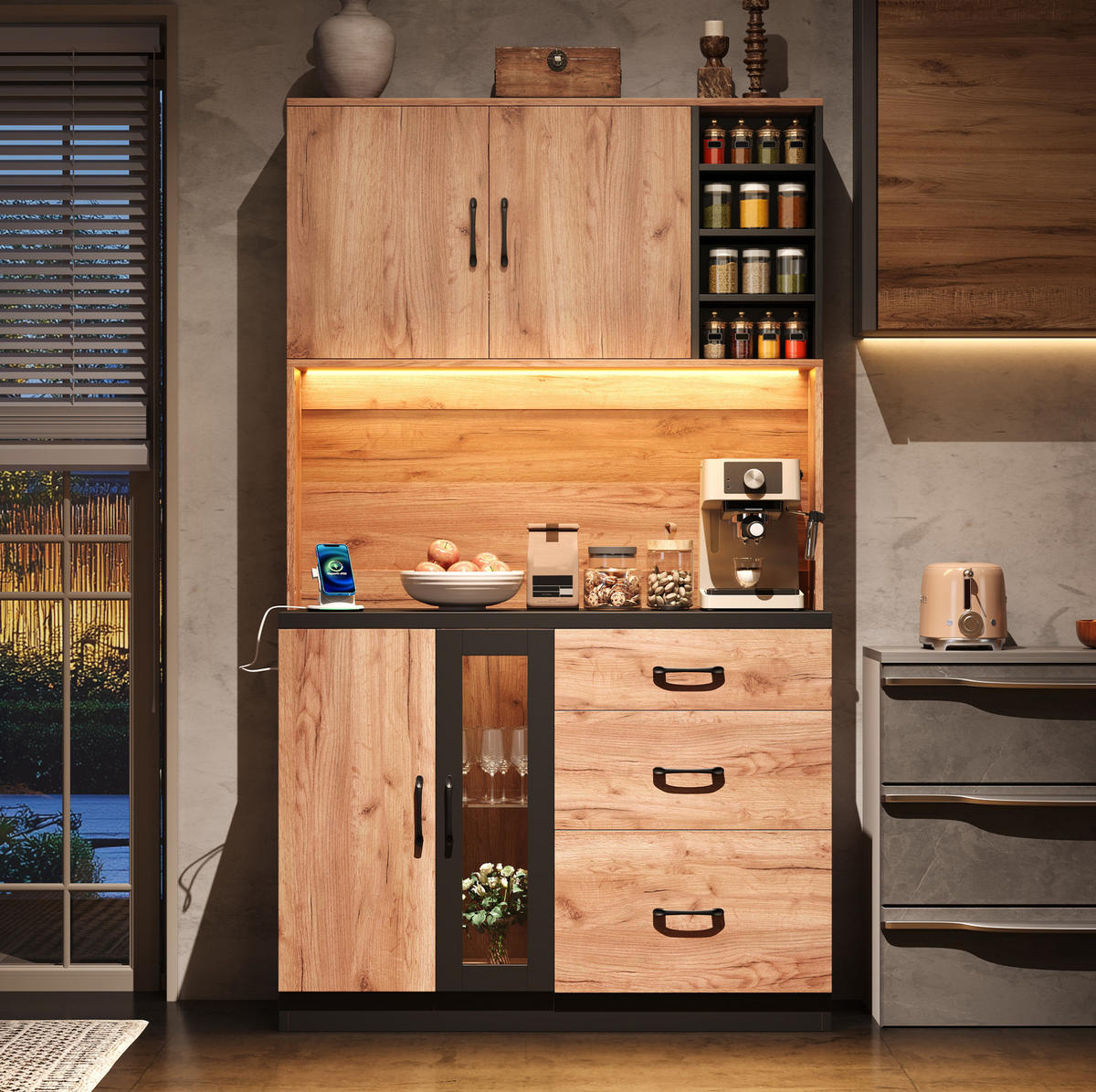 BUFFETSCHRANK 105/40/180 cm mit LED-Beleuchtung, verstellbaren Einlegeböden und Steckdosen, Neutral - Naturfarben, Holzwerkstoff (105/180/40cm) - Redom