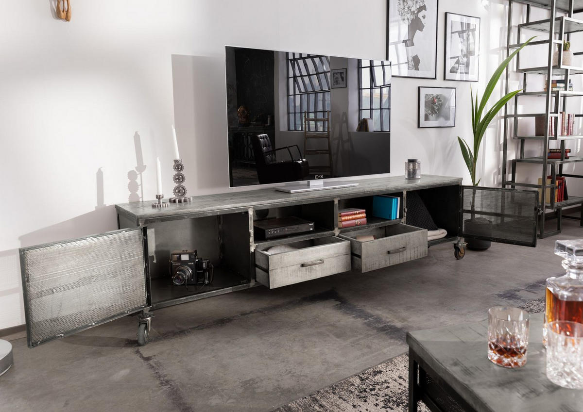 TV-BOARD Mango 220x40x60 grau lackiert HEAVY INDUSTRY #132 - Grau, Holz (40/60/220cm) - Massivmoebel24