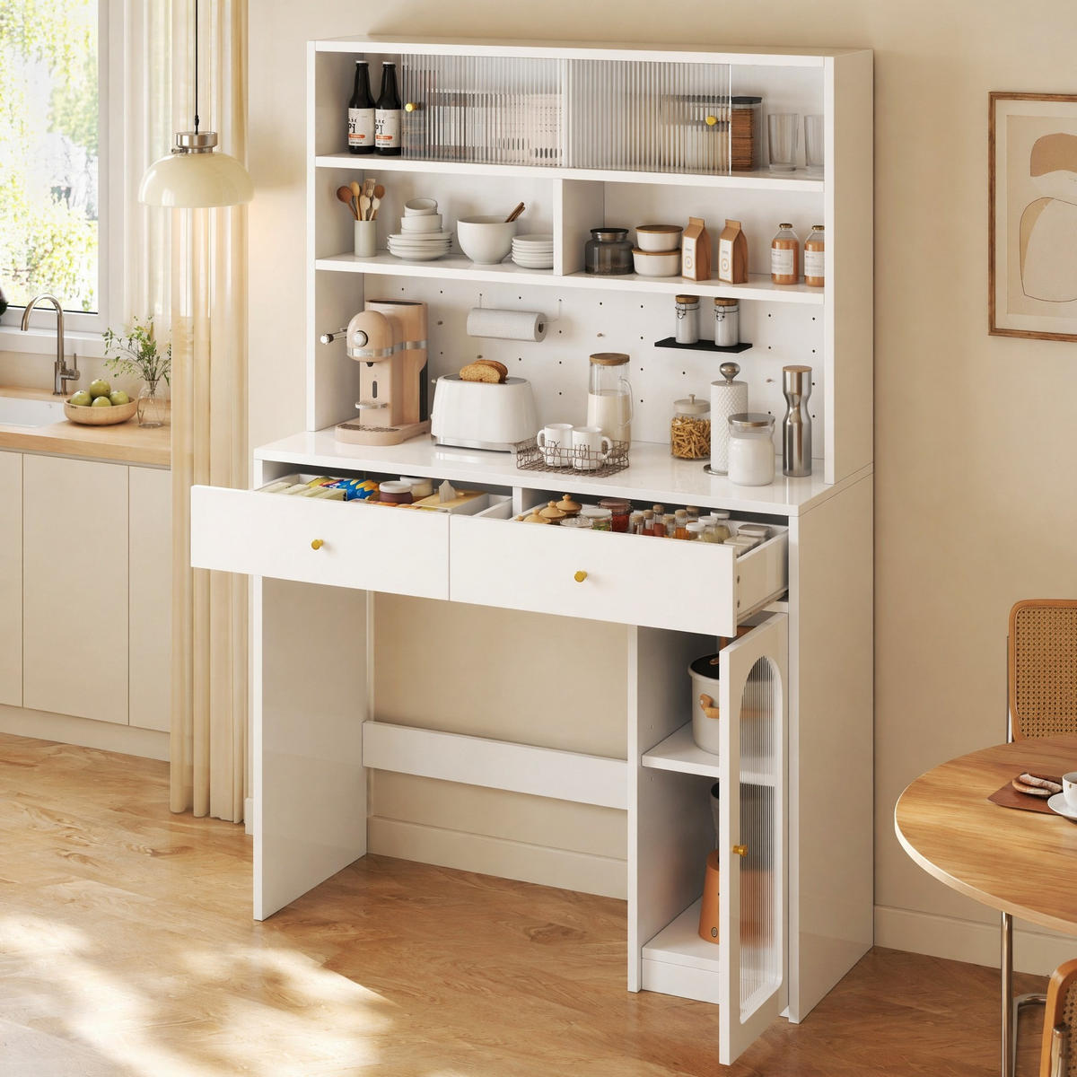 KÜCHENSCHRANK in Weiß Highboard mit 2 Schubladen, Hakenleiste und verstellbarem Einlegeboden , B120/T45/H180cm - Transparent/Weiß, Holzwerkstoff/Metall (120/180/45cm) - STILVORA