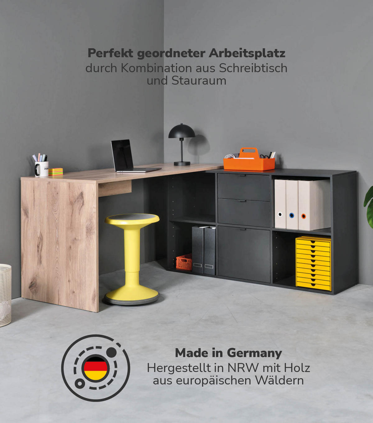 ECKSCHREIBTISCH Der Produktive - Eichefarben/Schwarz, Holzwerkstoff (65/145/77cm) - Mokebo
