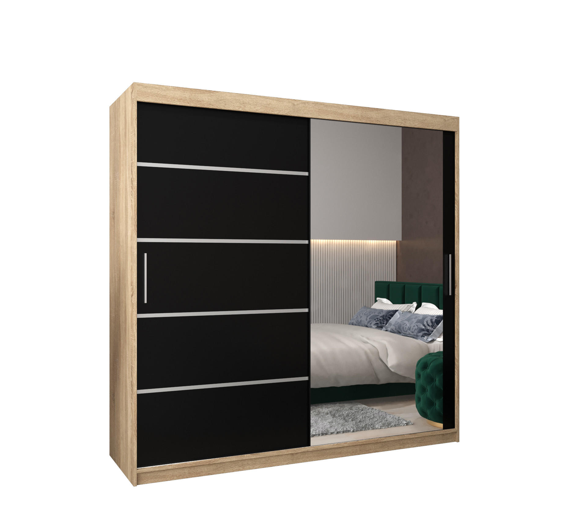 Möbel Kryspol Schwebetürenschrank Sonoma Eiche, Schwarz, Silber 200x200x62 cm