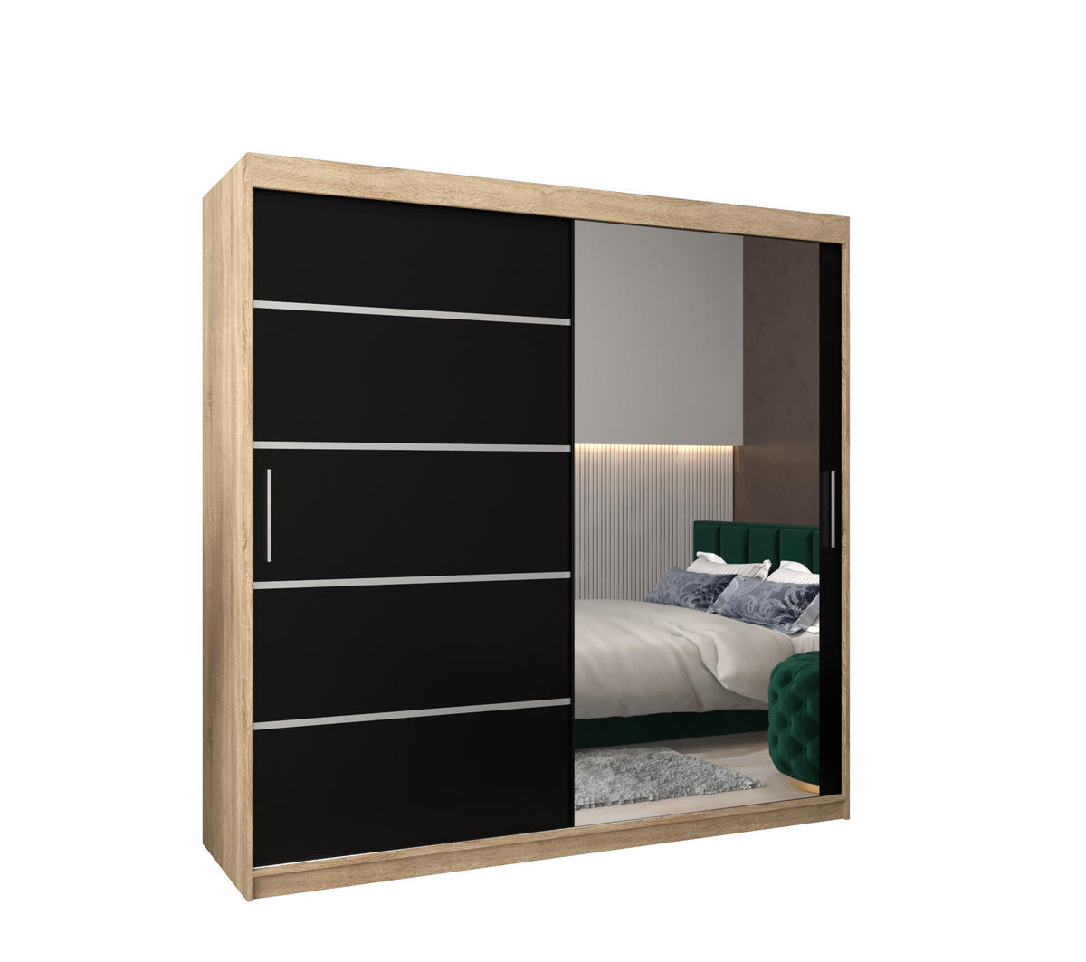 SCHWEBETÜRENSCHRANK 200/200/62 2-türig - Silberfarben/Schwarz, Holz/Kunststoff (200/200/62cm) - Abiks Möbel