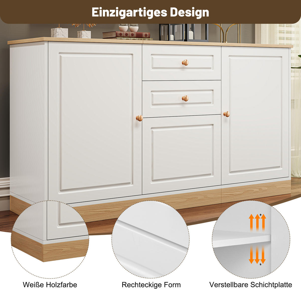 SIDEBOARD 3 Türen 2 Schubladen Wohn Esszimmer Multifunktional - Weiß, Holzwerkstoff (39/76/135.5cm) - FLIEKS