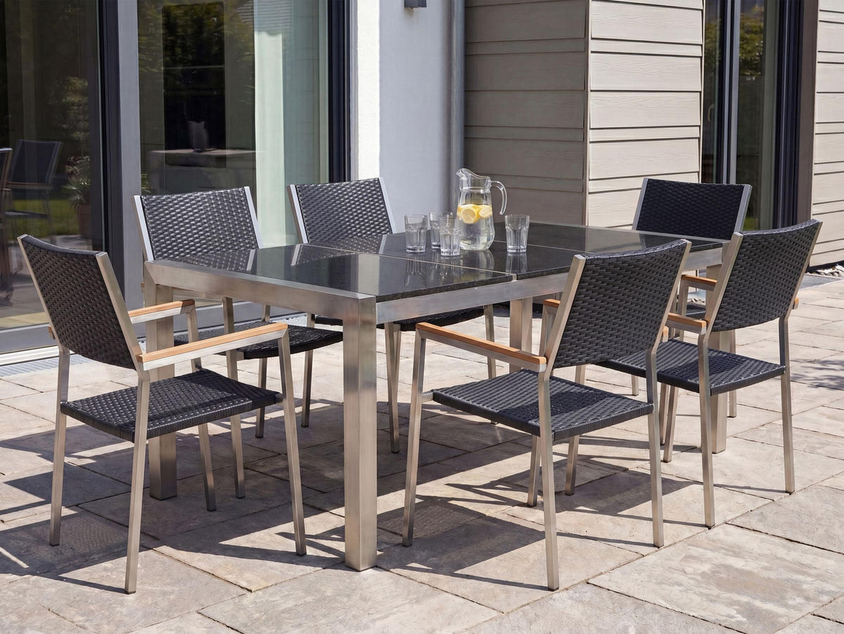 GARTENMÖBEL SET 6-Sitzer Naturstein schwarz geflammt Rattan Grosseto - Silberfarben/Schwarz, Metall - Beliani