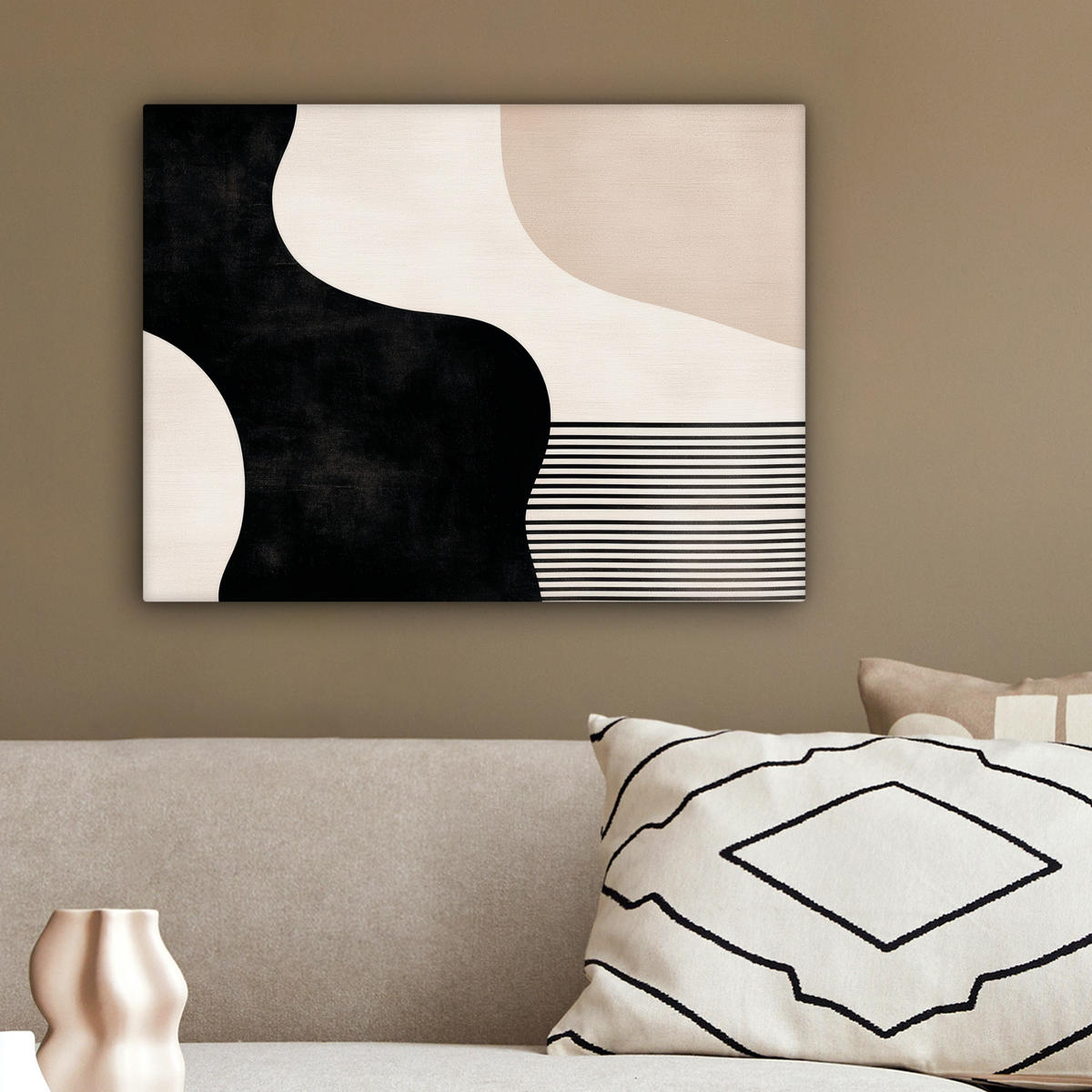 LEINWANDBILD Abstrakt - Japandi - Beige - Modern 40x30 cm - Schwarz, Textil (40/30cm) - MuchoWow